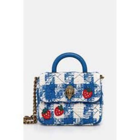 Kurt Geiger Mini Handle Kensington Bag Blue Tweed Plaid Strawberry Print Kawaii - Picture 3 of 14